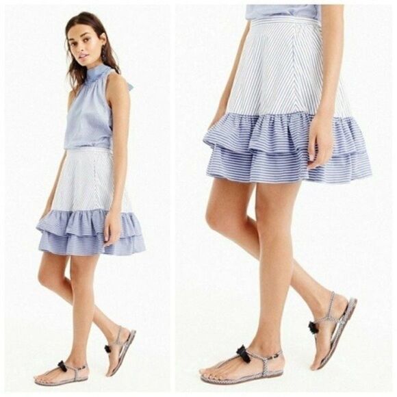 J. Crew Cocktail Hours Ruffle Striped Tiered Skirt Nwt 4 Blue & White - Picture 3 of 13
